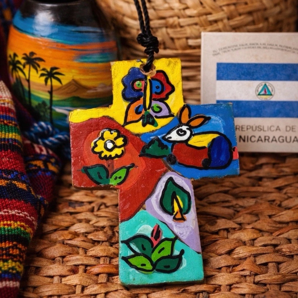 Hand Crafted Nicaraguan Folk Art Painted Devotional Cross Vintage Pendant